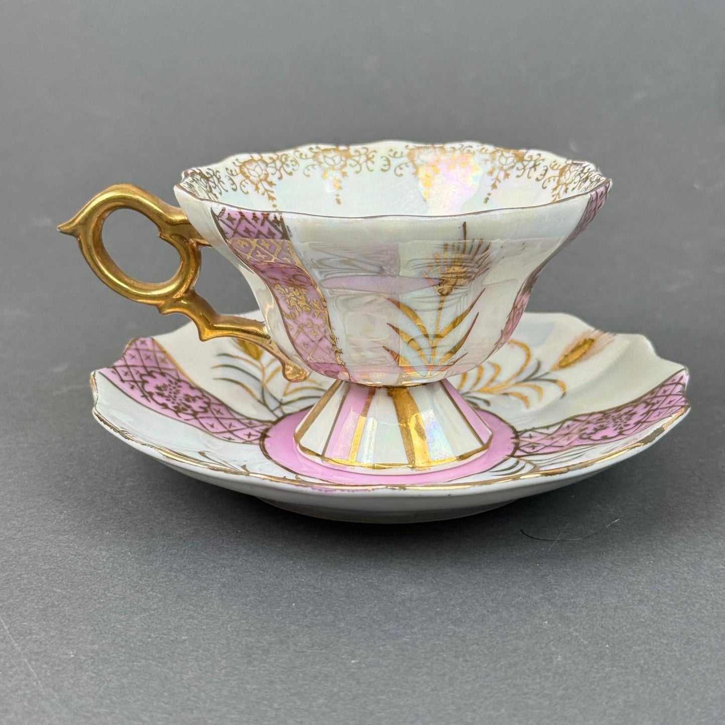 Vintage Teacup and Saucer Set Pink Gold Lusterware Iridescent hand painted