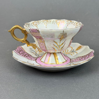 Vintage Teacup and Saucer Set Pink Gold Lusterware Iridescent hand painted
