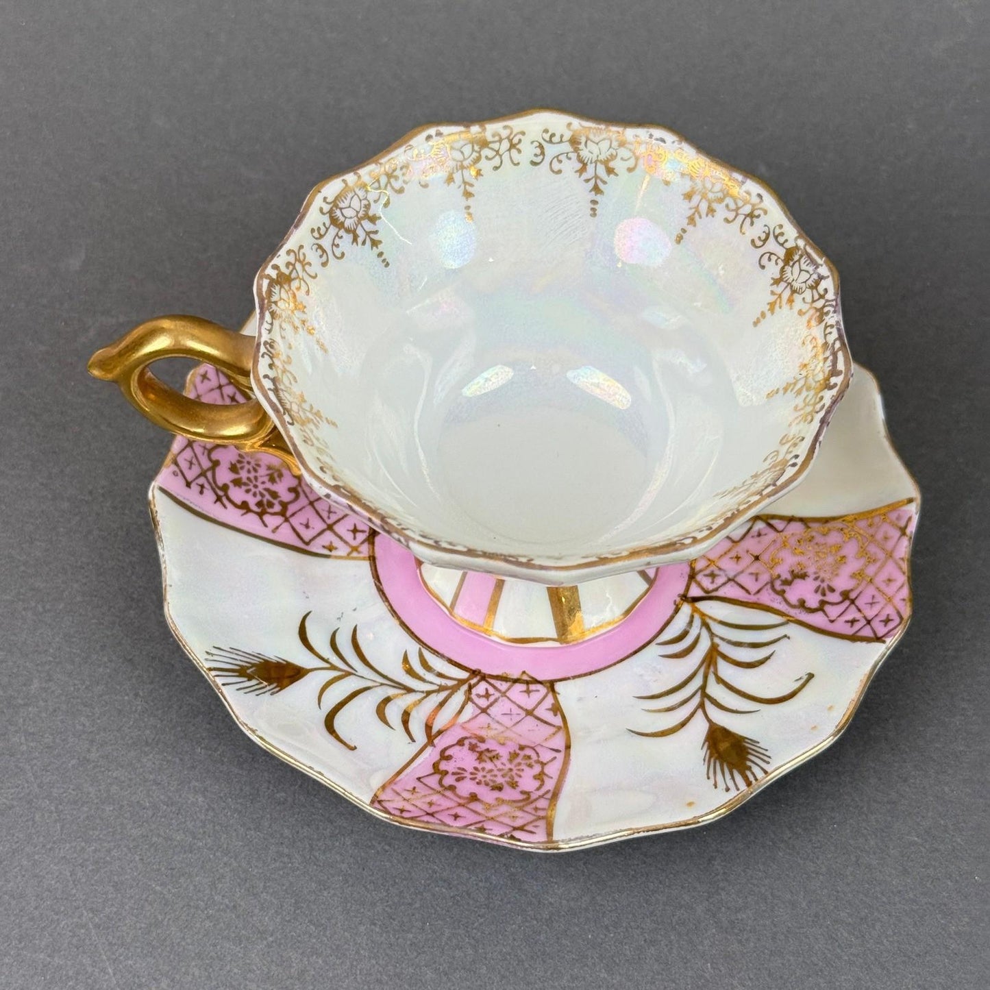 Vintage Teacup and Saucer Set Pink Gold Lusterware Iridescent hand painted