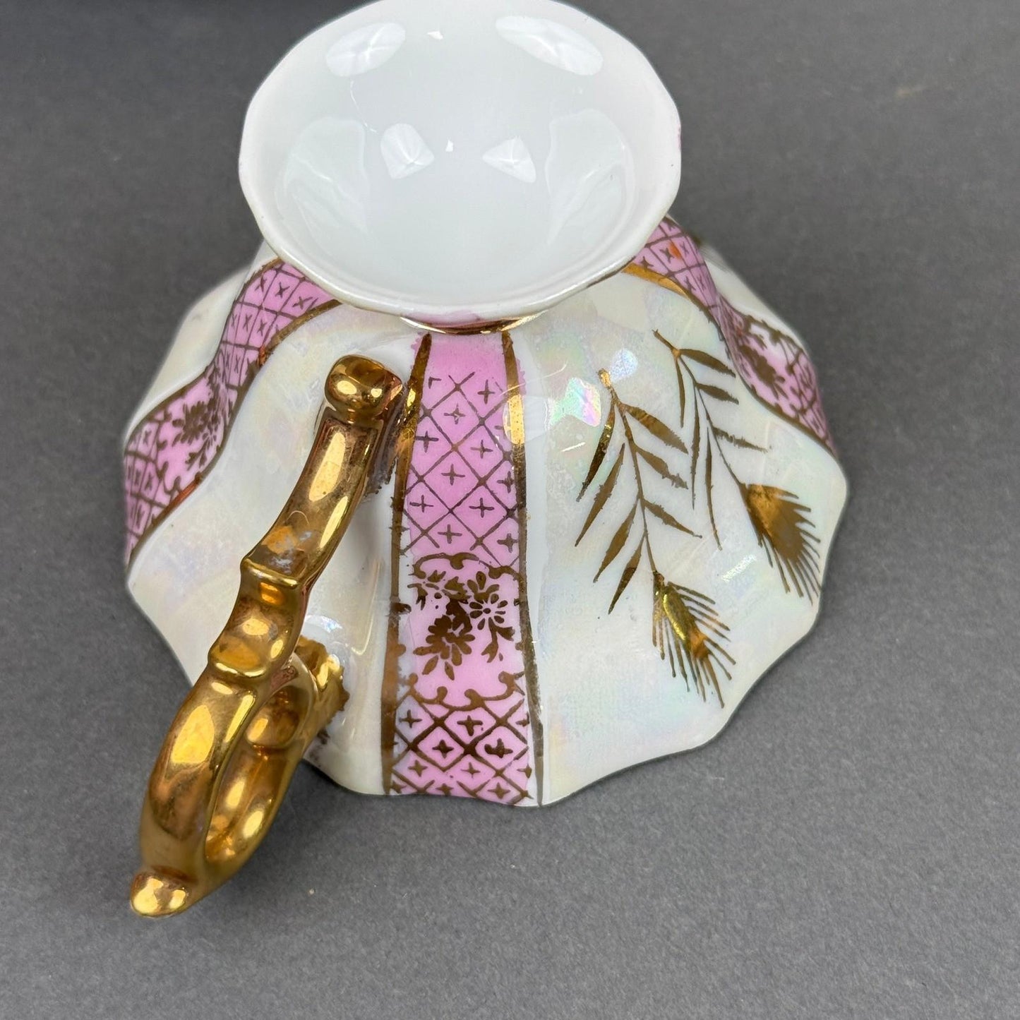 Vintage Teacup and Saucer Set Pink Gold Lusterware Iridescent hand painted