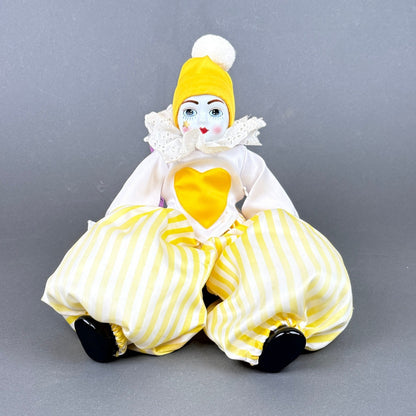 Vintage Porcelain Clown Doll 15" Yellow Harlequin Jester