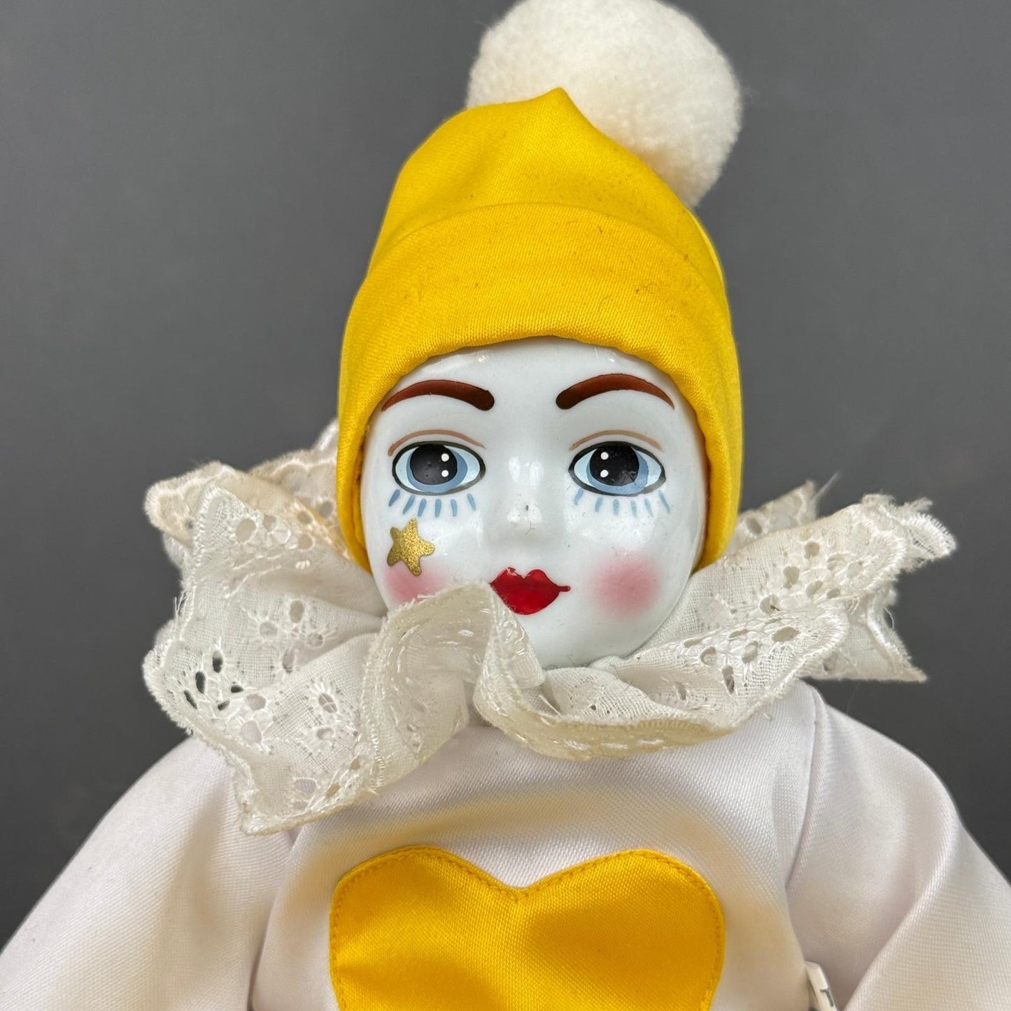 Vintage Porcelain Clown Doll 15" Yellow Harlequin Jester