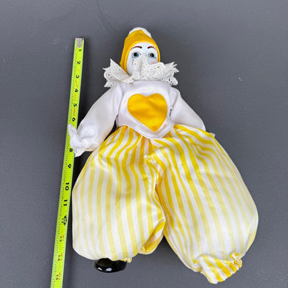 Vintage Porcelain Clown Doll 15" Yellow Harlequin Jester