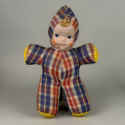 Vintage Vinyl Cloth Baby Doll with Hard Composition Head 13"– Plaid Romper, 13"