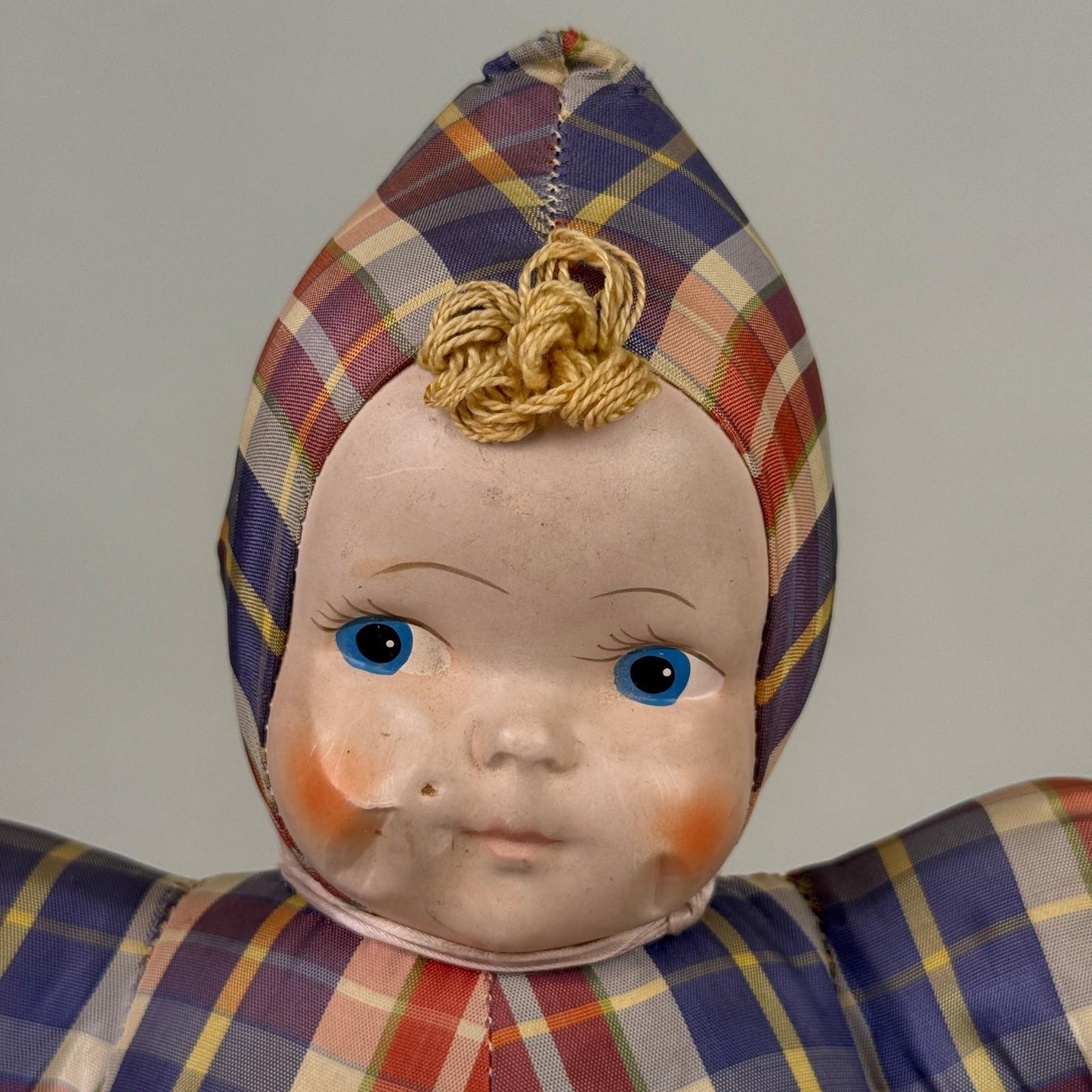 Vintage Vinyl Cloth Baby Doll with Hard Composition Head 13"– Plaid Romper, 13"