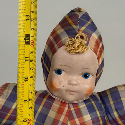 Vintage Vinyl Cloth Baby Doll with Hard Composition Head 13"– Plaid Romper, 13"