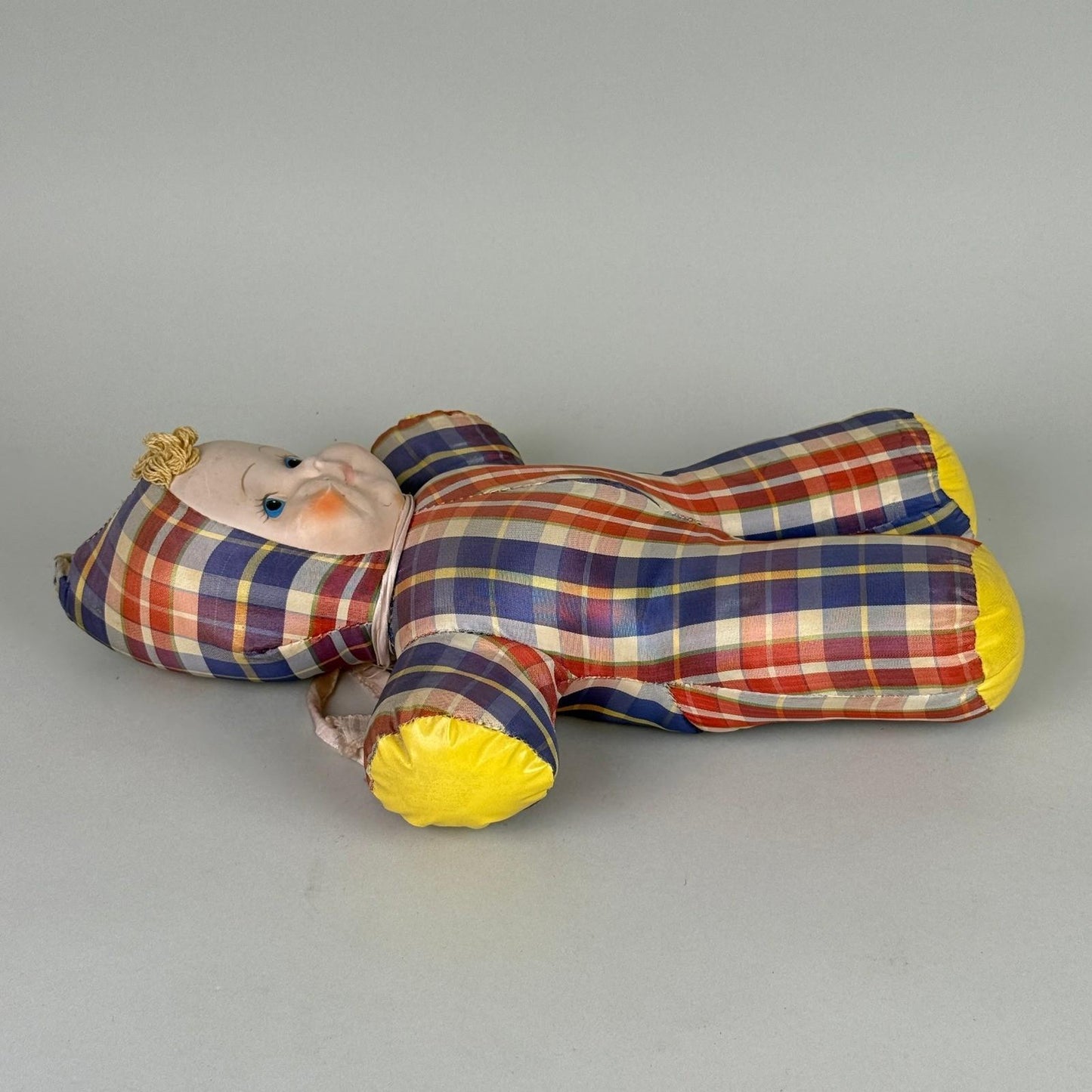 Vintage Vinyl Cloth Baby Doll with Hard Composition Head 13"– Plaid Romper, 13"
