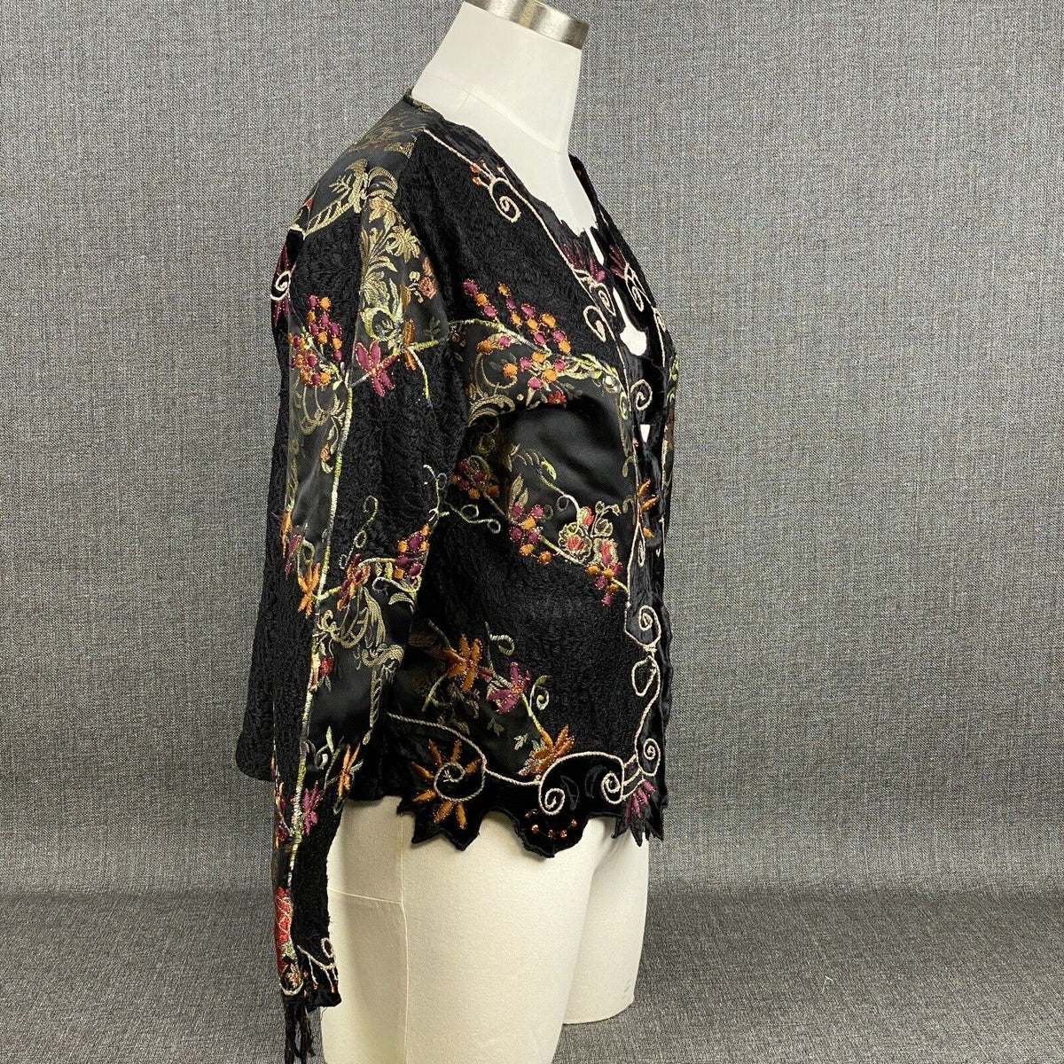 Vintage Florissant New York Sheer Silk Embroidered Shell Jacket Top Size S Funky