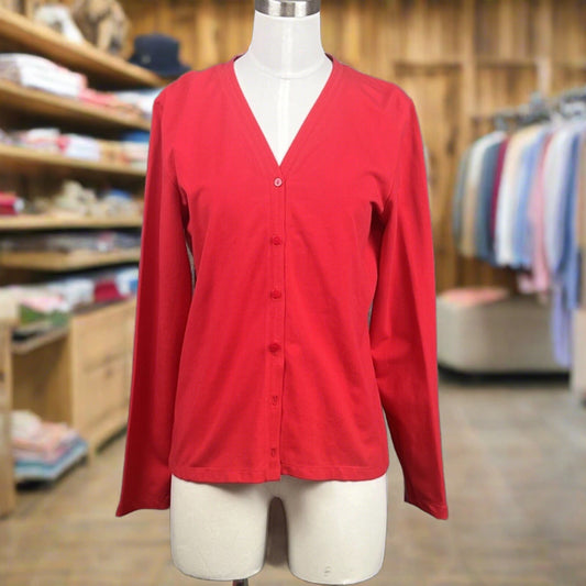 Rafaella Womens Size M Red Cotton Blend Spandex V-Neck Button Up