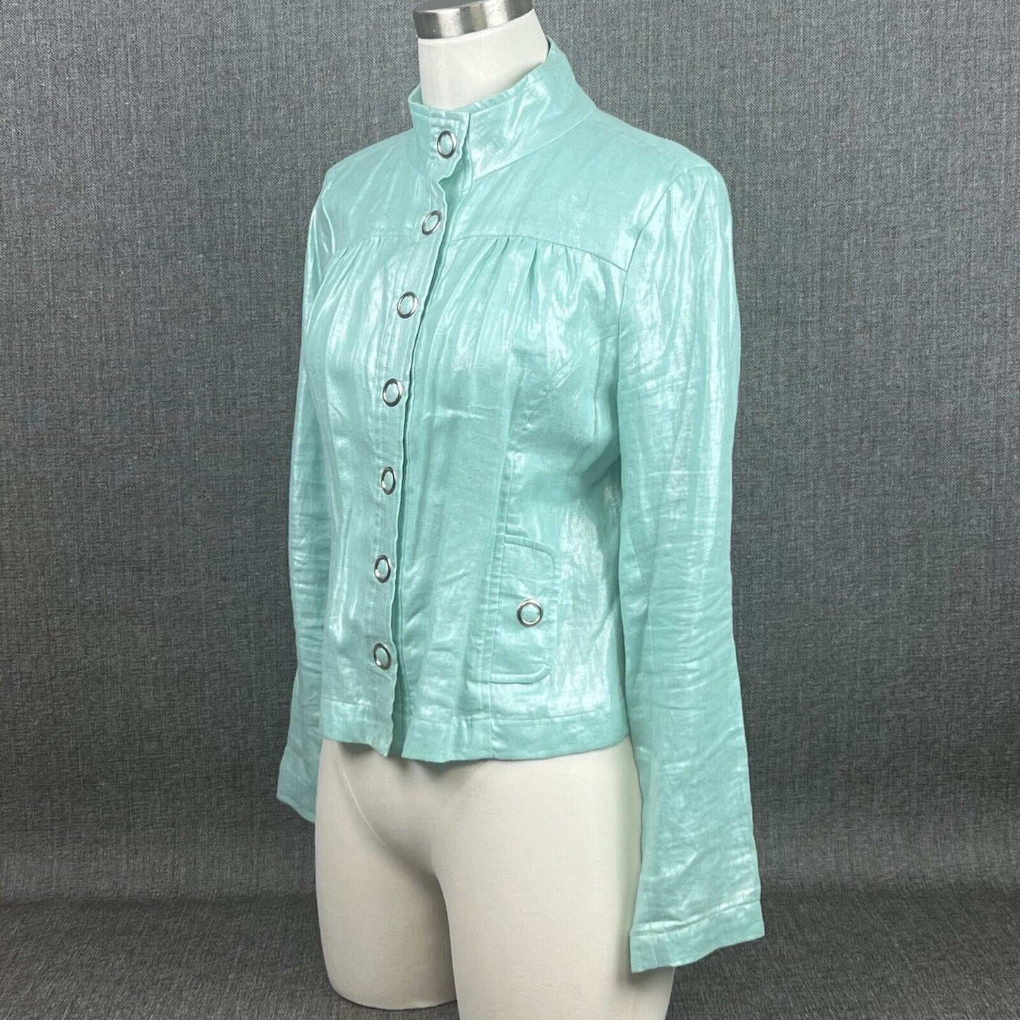 Elliott Lauren Linen Jacket Women's 2 Blue Shimmer Snap Lightweight Funky