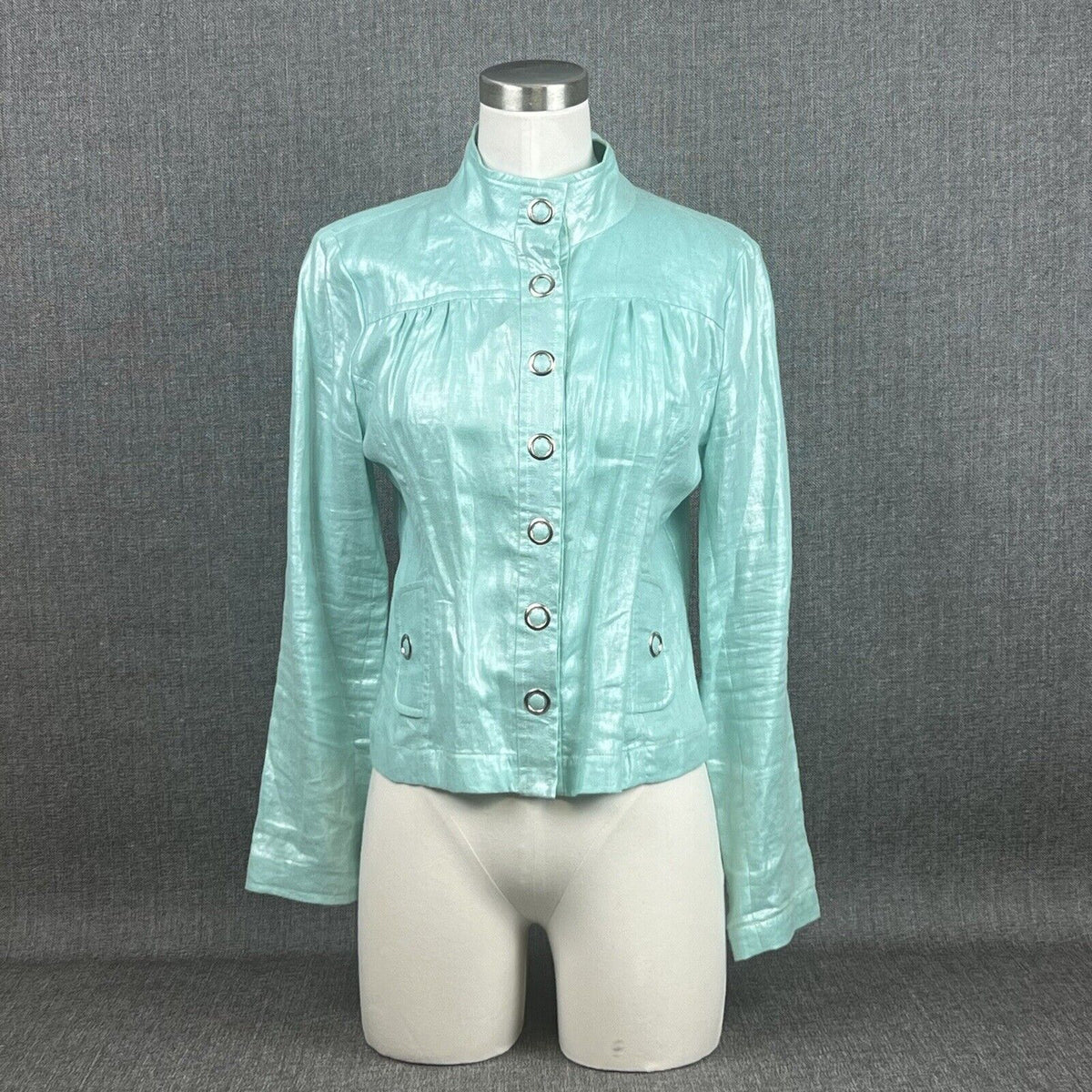 Elliott Lauren Linen Jacket Women's 2 Blue Shimmer Snap Lightweight Funky