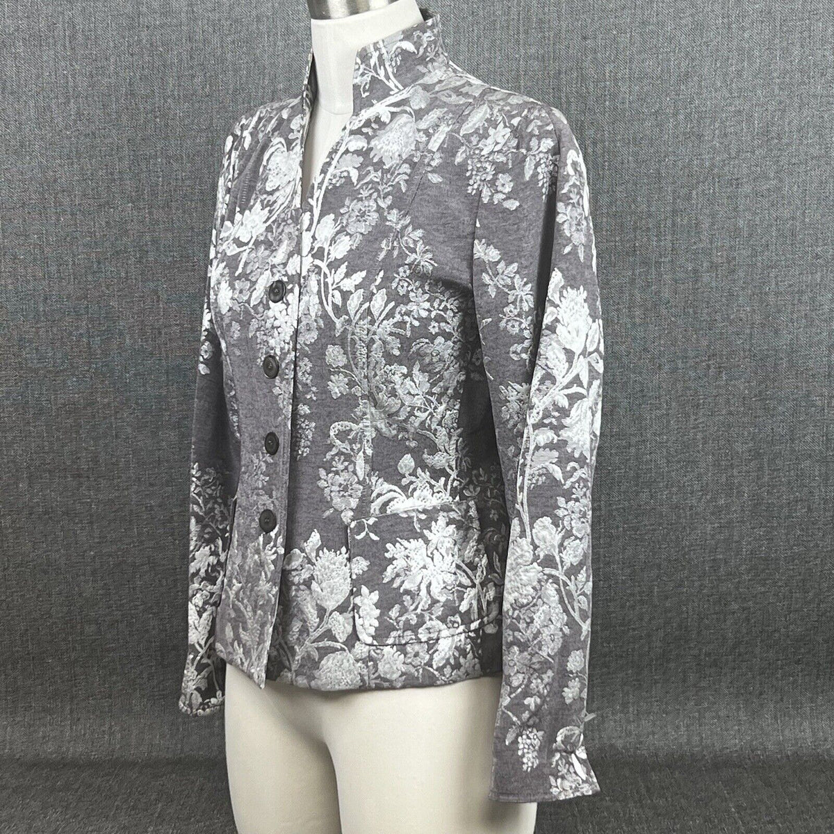 Anne Klein Floral Gray Cotton Blend Blazer Jacket 1-Button Size 6P