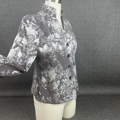 Anne Klein Floral Gray Cotton Blend Blazer Jacket 1-Button Size 6P