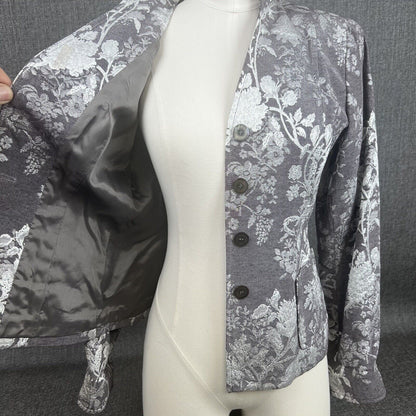 Anne Klein Floral Gray Cotton Blend Blazer Jacket 1-Button Size 6P