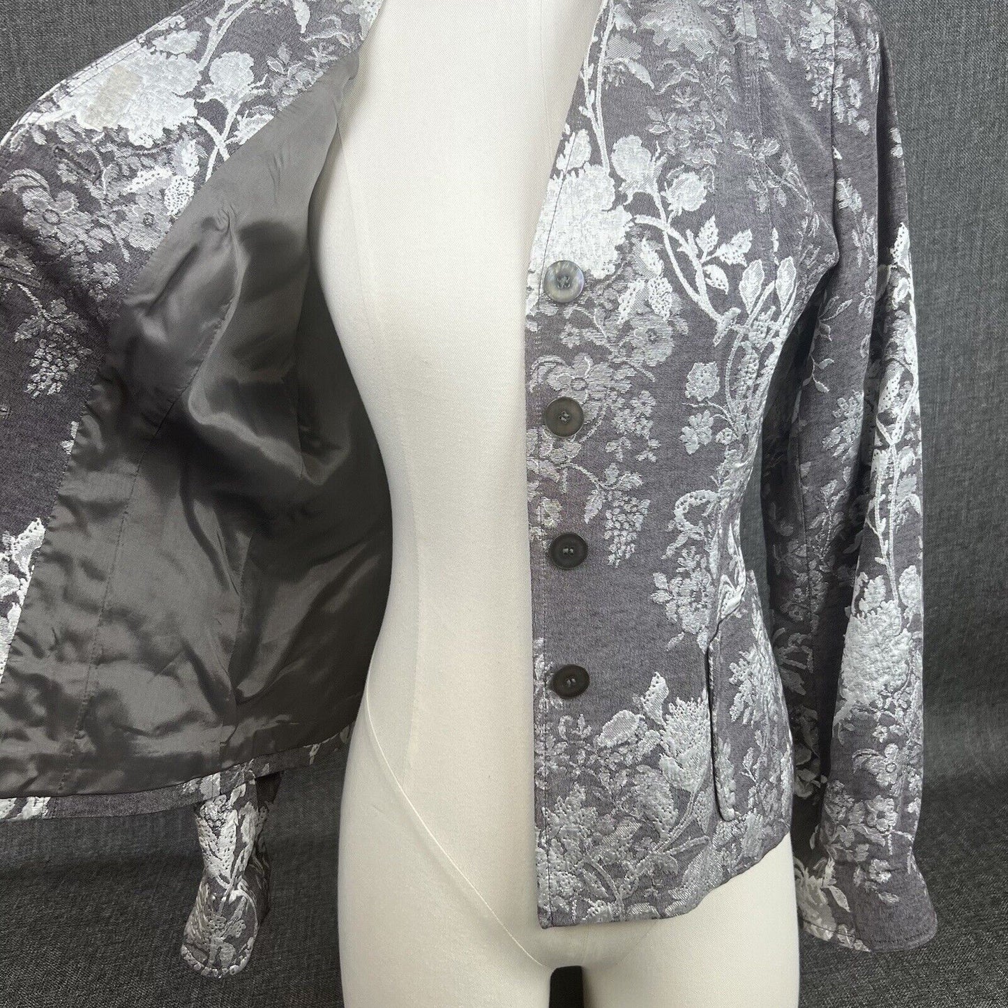 Anne Klein Floral Gray Cotton Blend Blazer Jacket 1-Button Size 6P