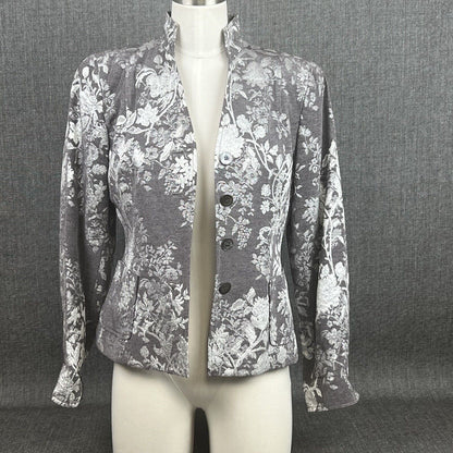 Anne Klein Floral Gray Cotton Blend Blazer Jacket 1-Button Size 6P