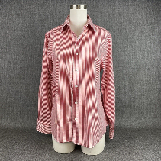 Foxcroft Red Pinstriped Shaped Fit Button Down Shirt Wrinkle Free Size 8