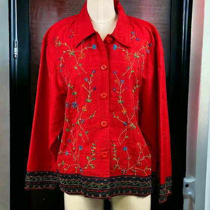 Life Style Embroidered Floral Top or Jacket Button Down Size M Silk Blend