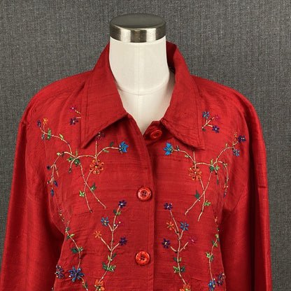 Life Style Embroidered Floral Top or Jacket Button Down Size M Silk Blend