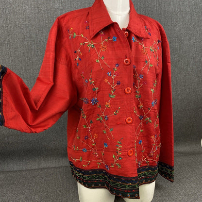 Life Style Embroidered Floral Top or Jacket Button Down Size M Silk Blend