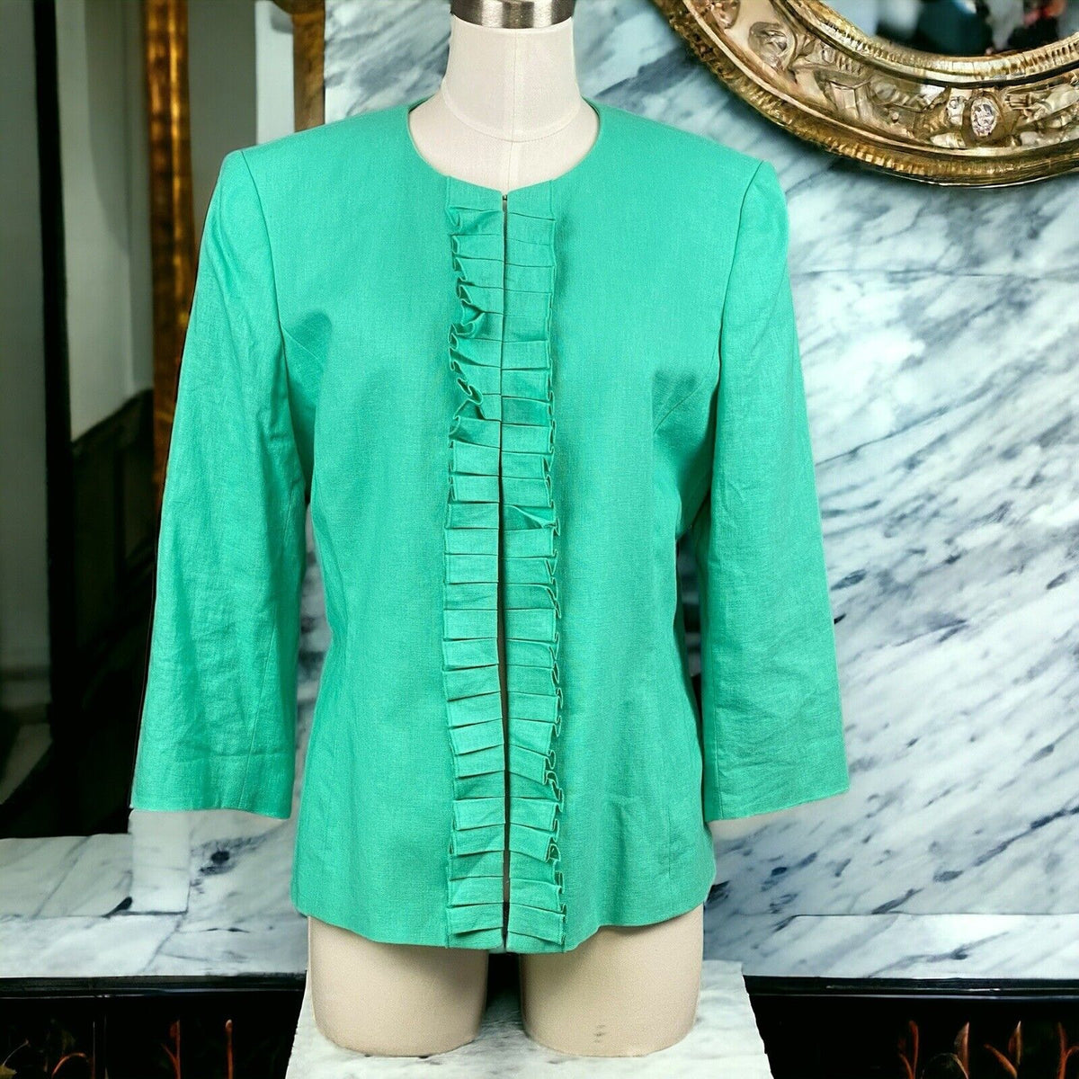 Vintage Preston and York Linen Blend Green Jacket Border Trim Size 10