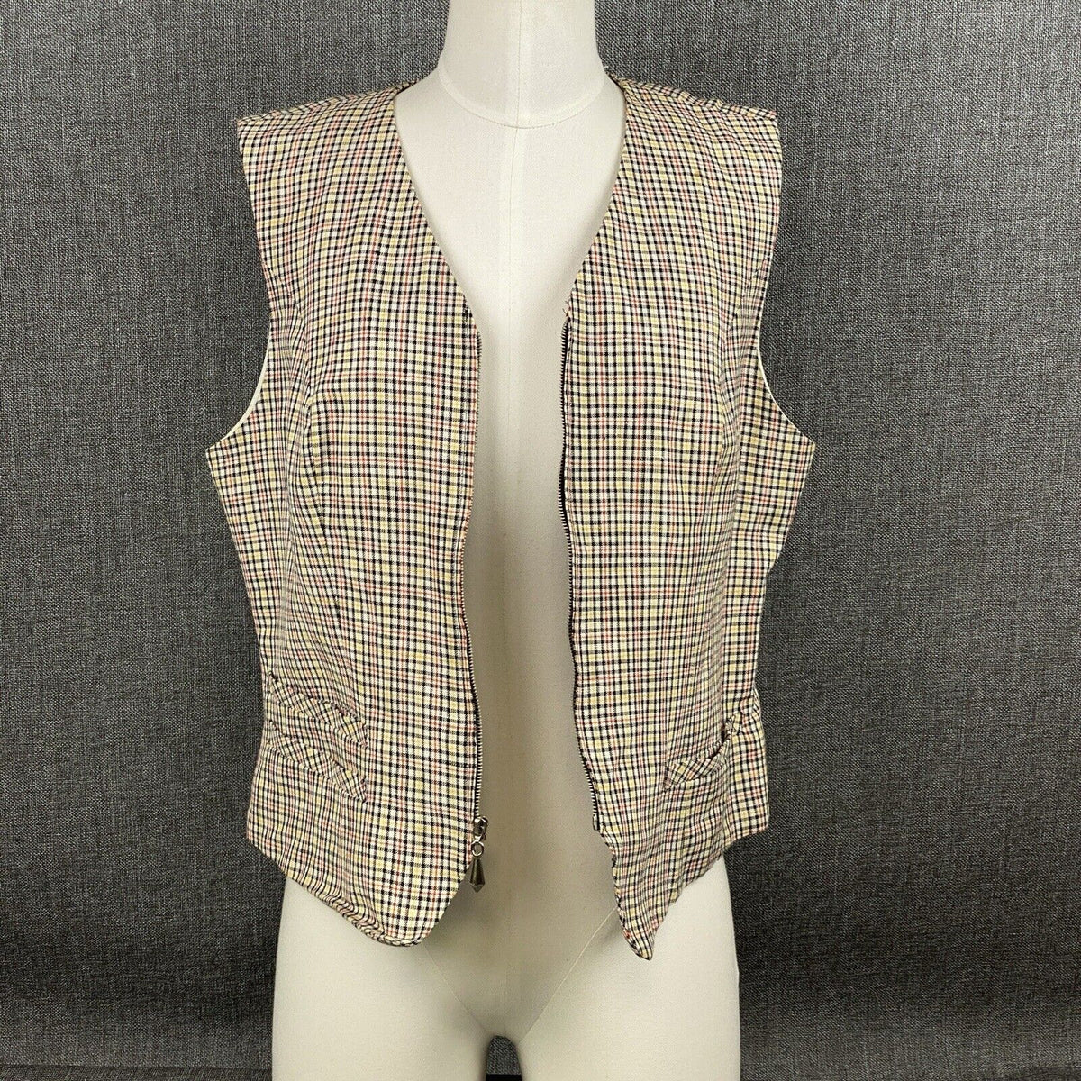 Alanni by Donnybrook Vintage Linen Tailored Vest Lined Plaid Zip Size 10