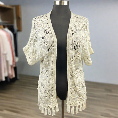 New Directions Loose Floral Crochet Open Shrug Short Slv Cardigan Sz M