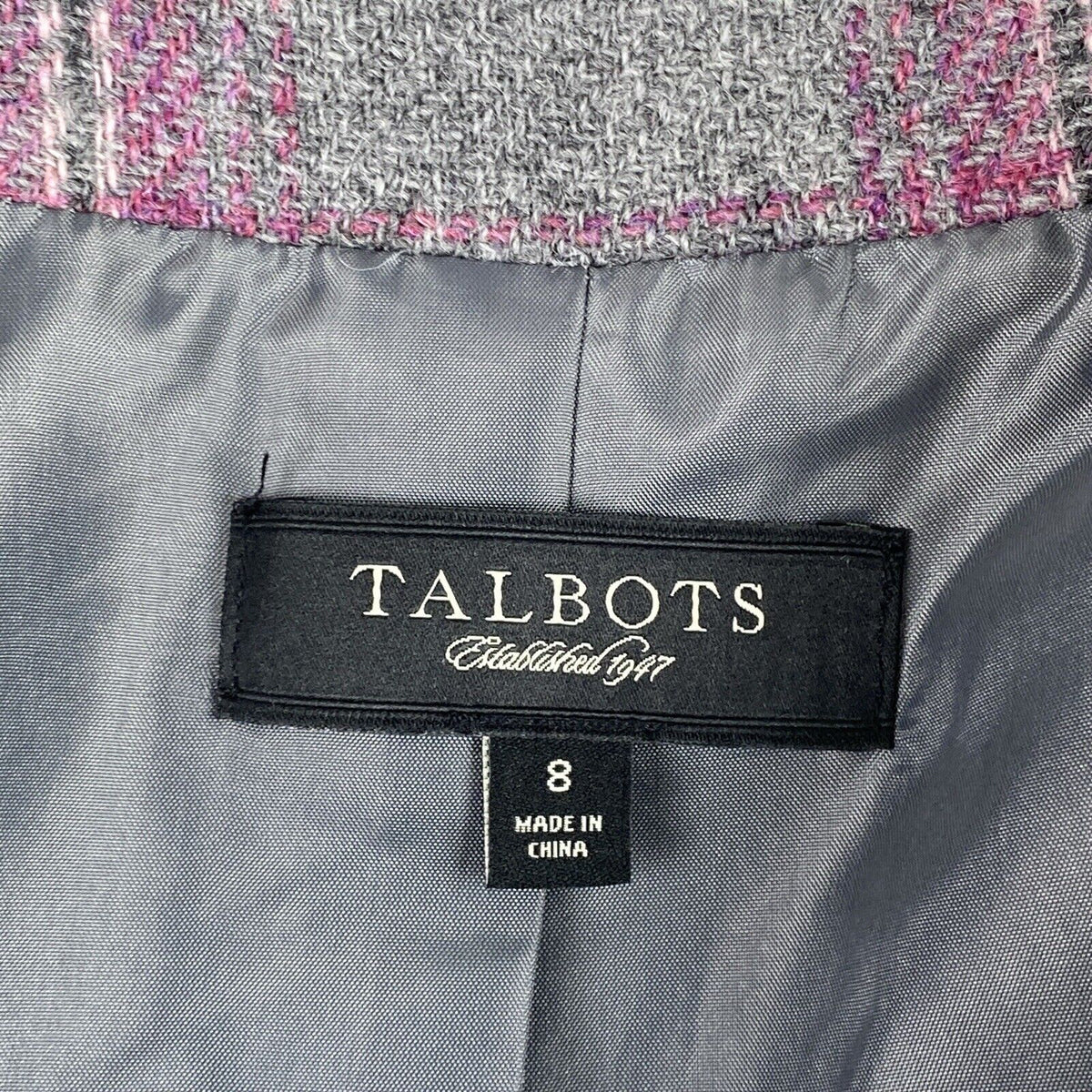 Talbots Classic Shetland Blazer Rustling Plaid Purple Gray Women Size 8