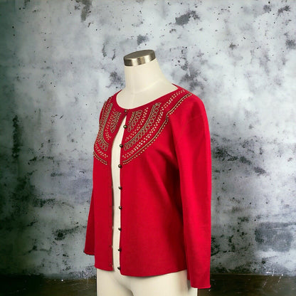 WD.NY Red w/ Embellishments Long Sleeve Cardigan Silk Sweater Size L