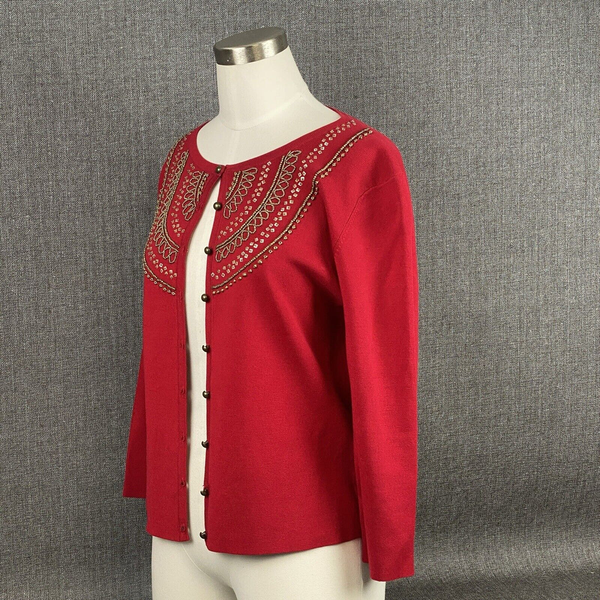 WD.NY Red w/ Embellishments Long Sleeve Cardigan Silk Sweater Size L