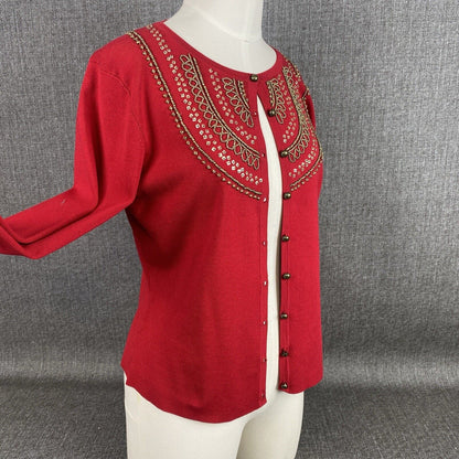 WD.NY Red w/ Embellishments Long Sleeve Cardigan Silk Sweater Size L