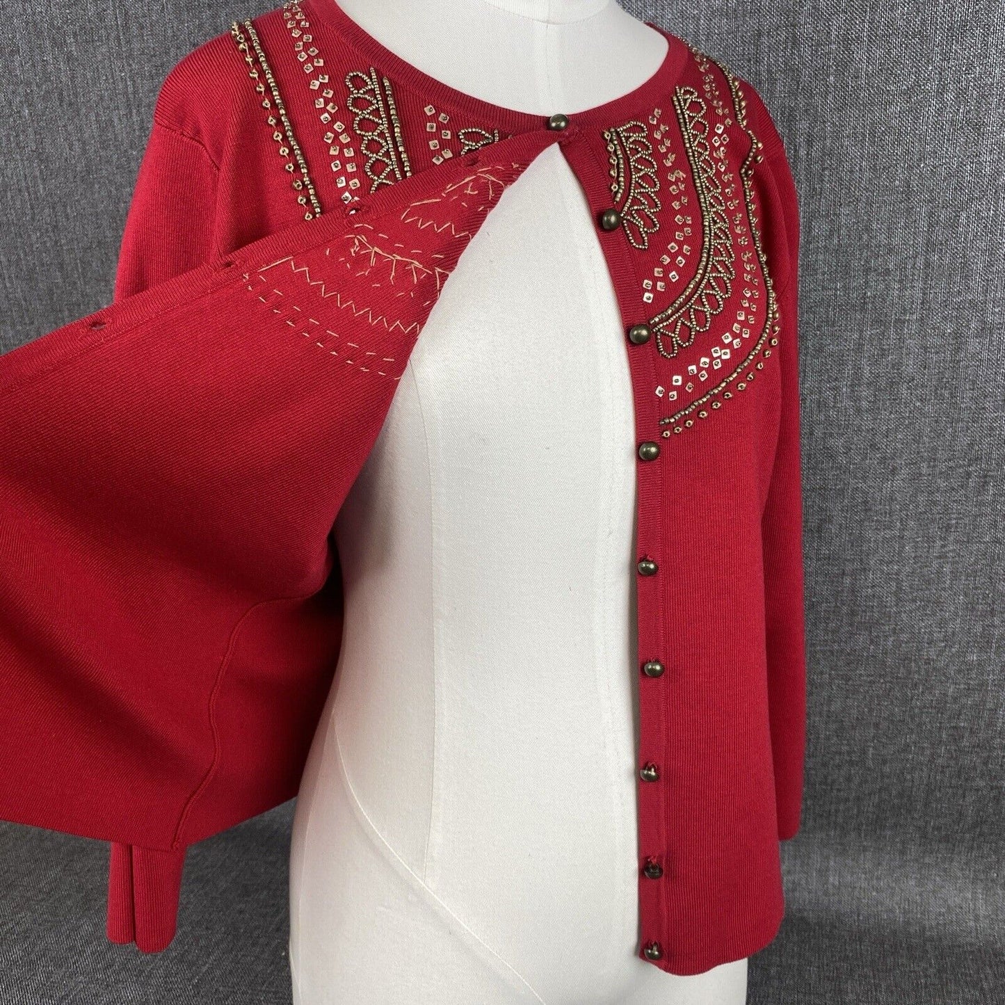 WD.NY Red w/ Embellishments Long Sleeve Cardigan Silk Sweater Size L