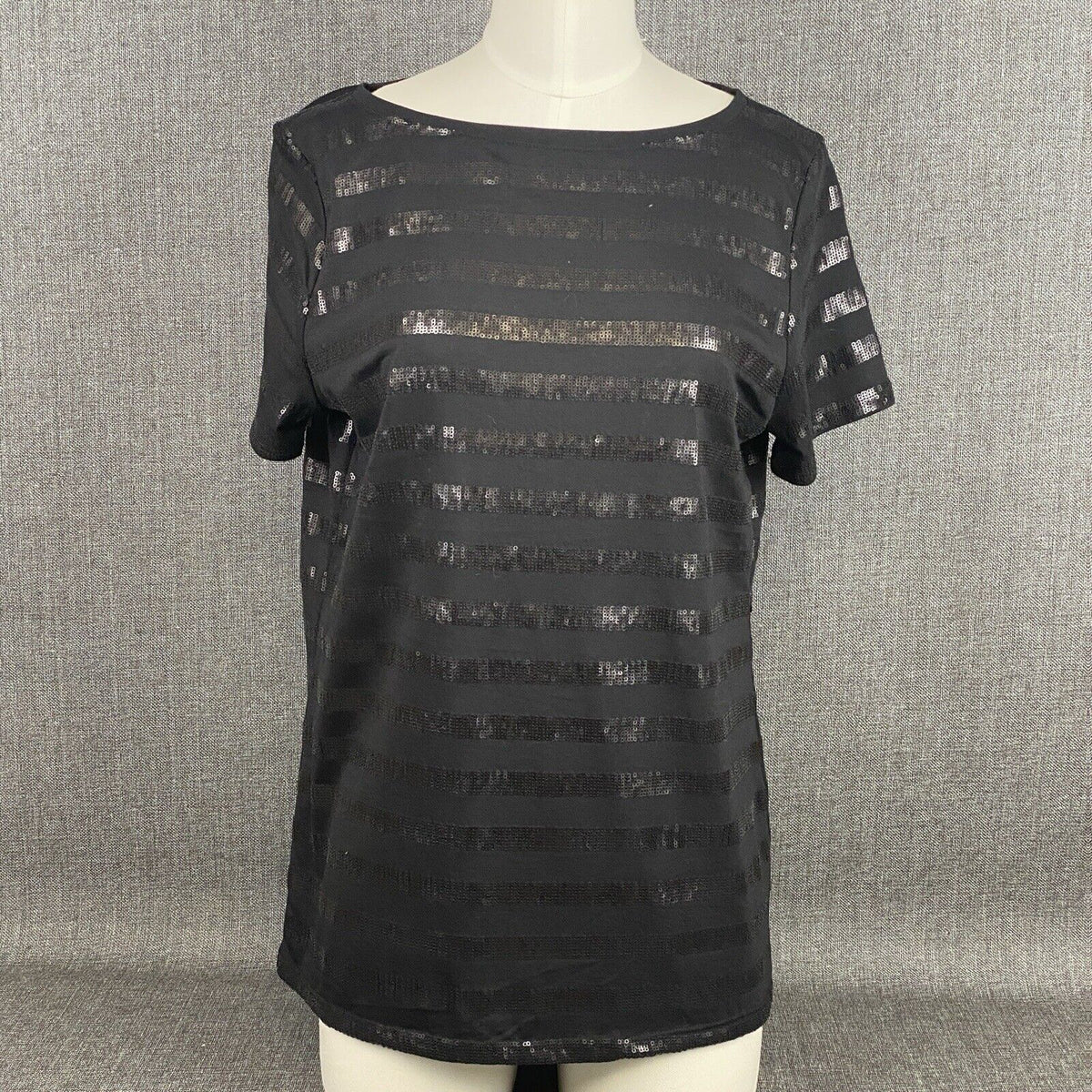 Talbots Black Short Sleeve Top Sheer Stripes Size L