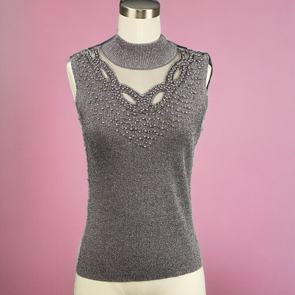 Cable & Gauge Petite Silver Metallic Sleeveless Silk Blend Beaded Size PM