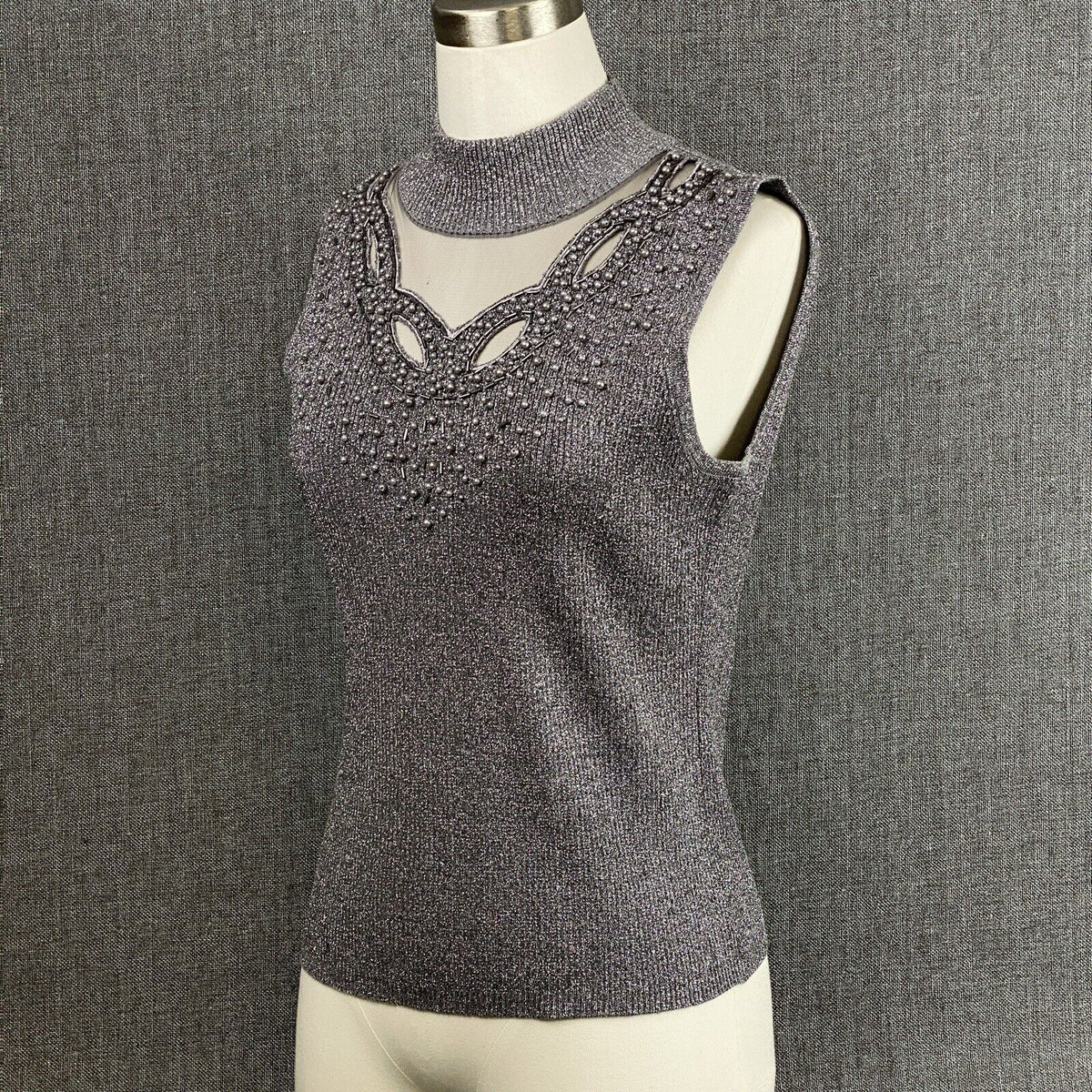 Cable & Gauge Petite Silver Metallic Sleeveless Silk Blend Beaded Size PM