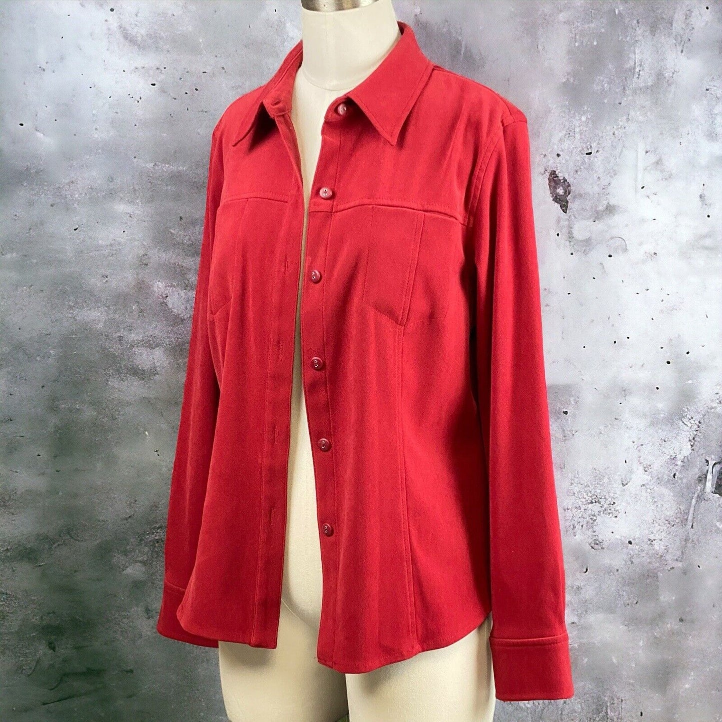 Talbots Petite Stretch Button Down Long Sleeve Red Blouse Size M Spandex