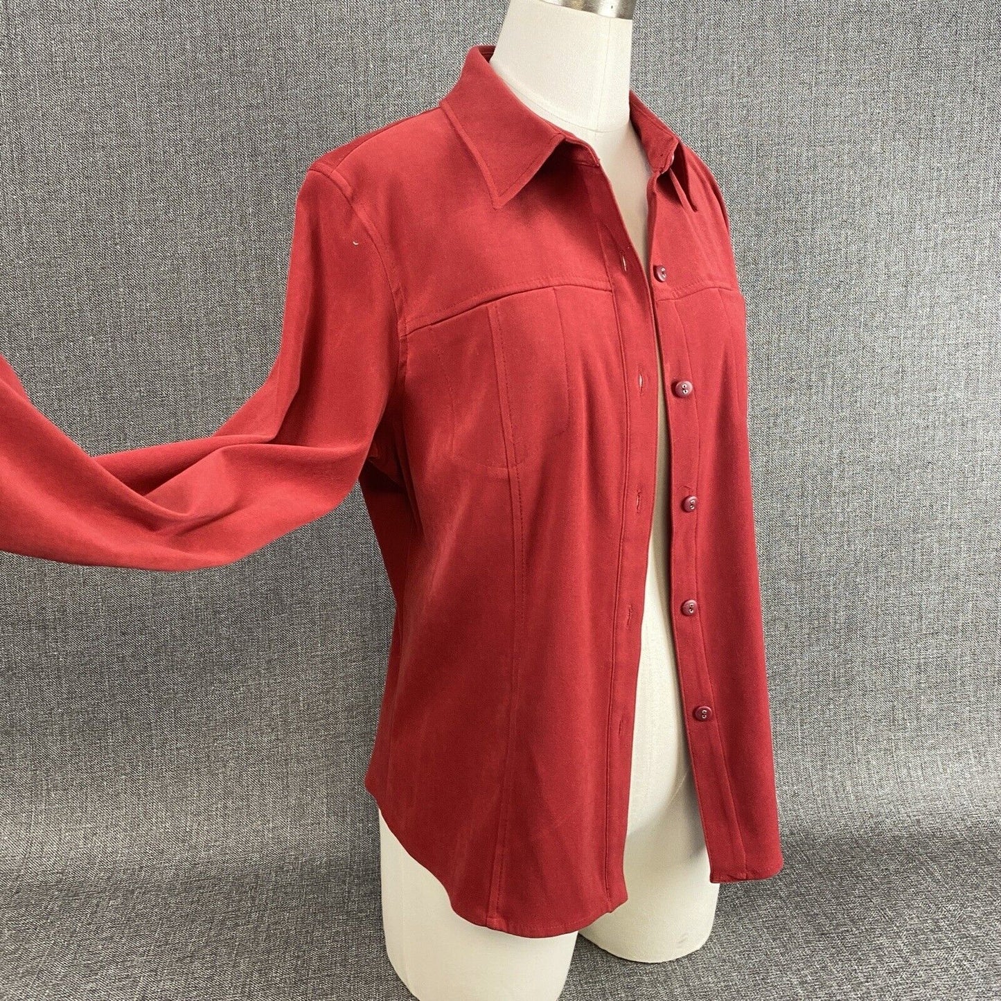 Talbots Petite Stretch Button Down Long Sleeve Red Blouse Size M Spandex