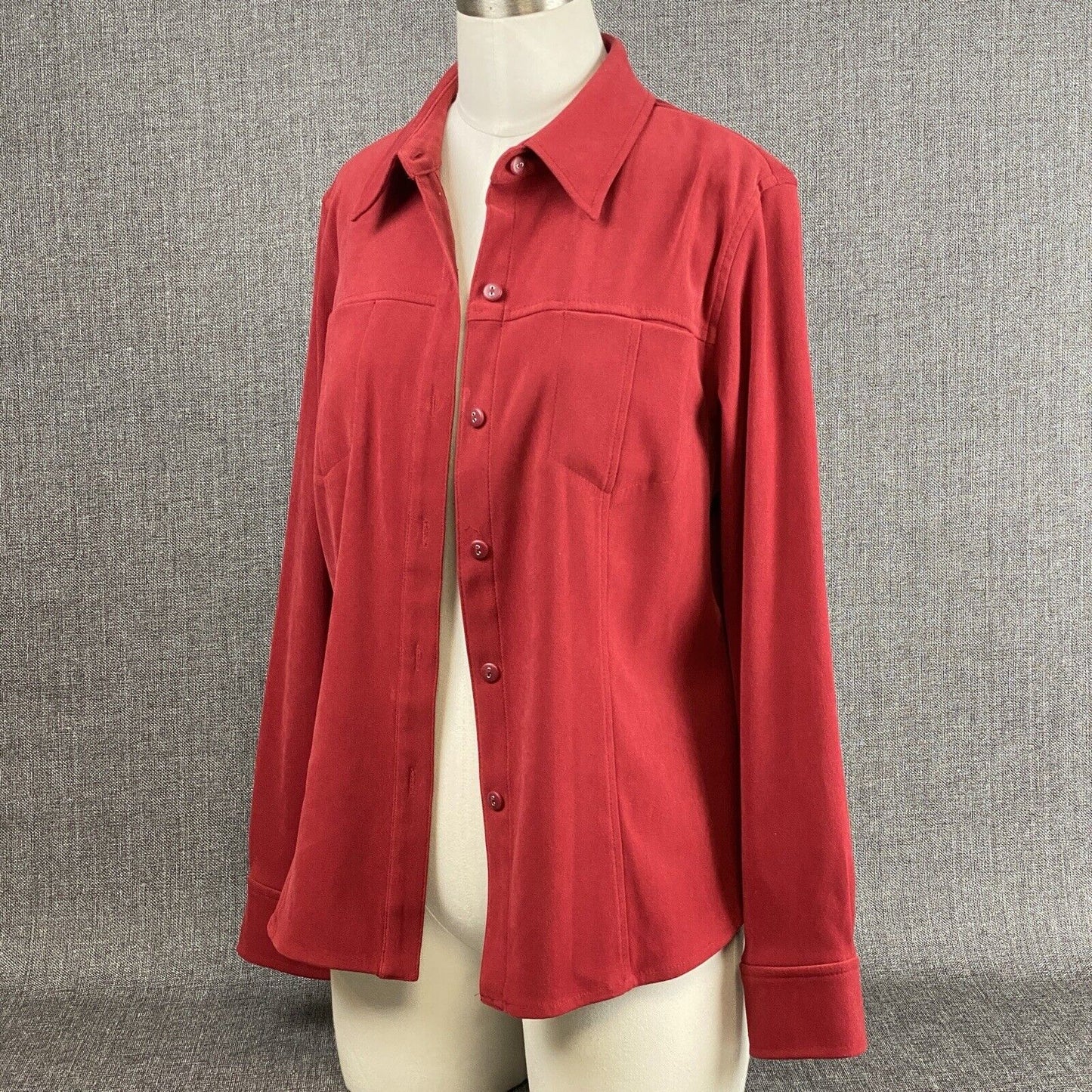 Talbots Petite Stretch Button Down Long Sleeve Red Blouse Size M Spandex