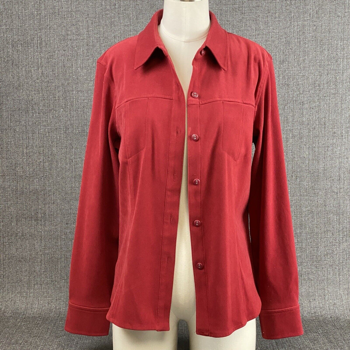 Talbots Petite Stretch Button Down Long Sleeve Red Blouse Size M Spandex