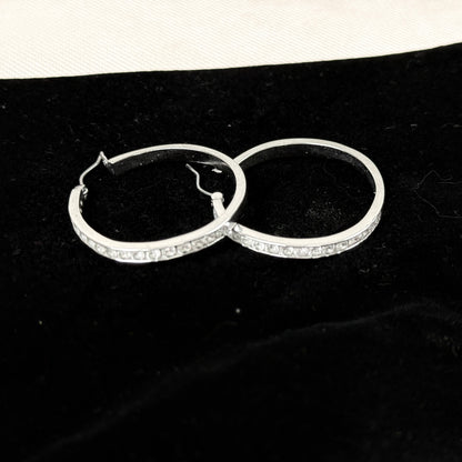 1.5" Silver Color Hoop Earrings with Small Rhinestones