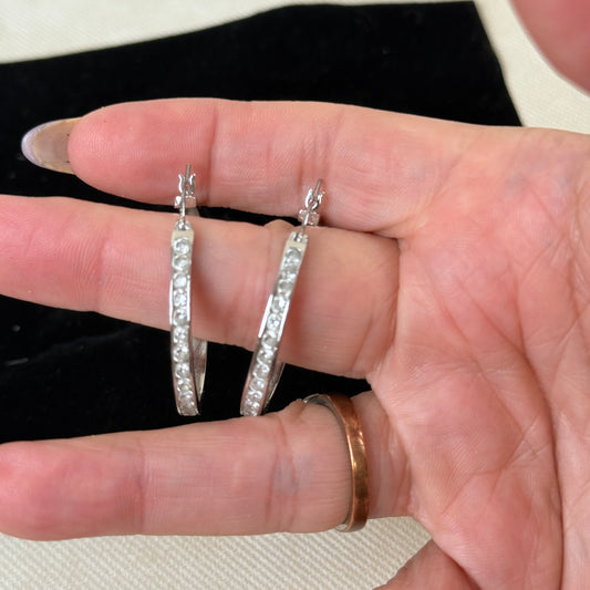 1.5" Silver Color Hoop Earrings with Small Rhinestones