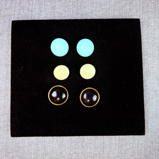 Lot of 3 Vintage 80s Circle Earrings White, Blue, Black