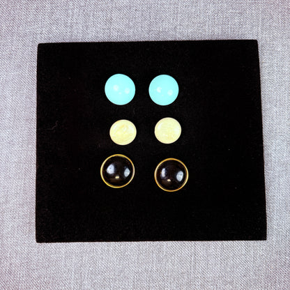 Lot of 3 Vintage 80s Circle Earrings White, Blue, Black