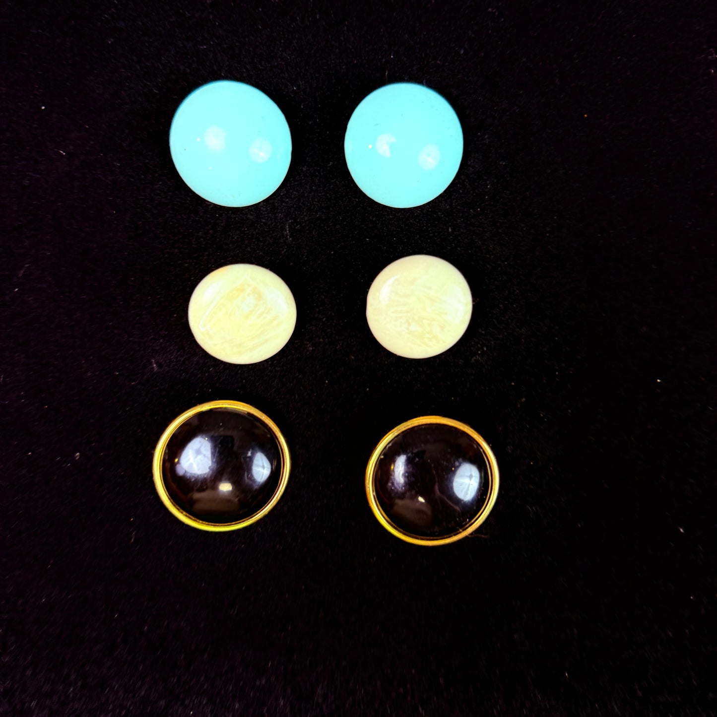 Lot of 3 Vintage 80s Circle Earrings White, Blue, Black