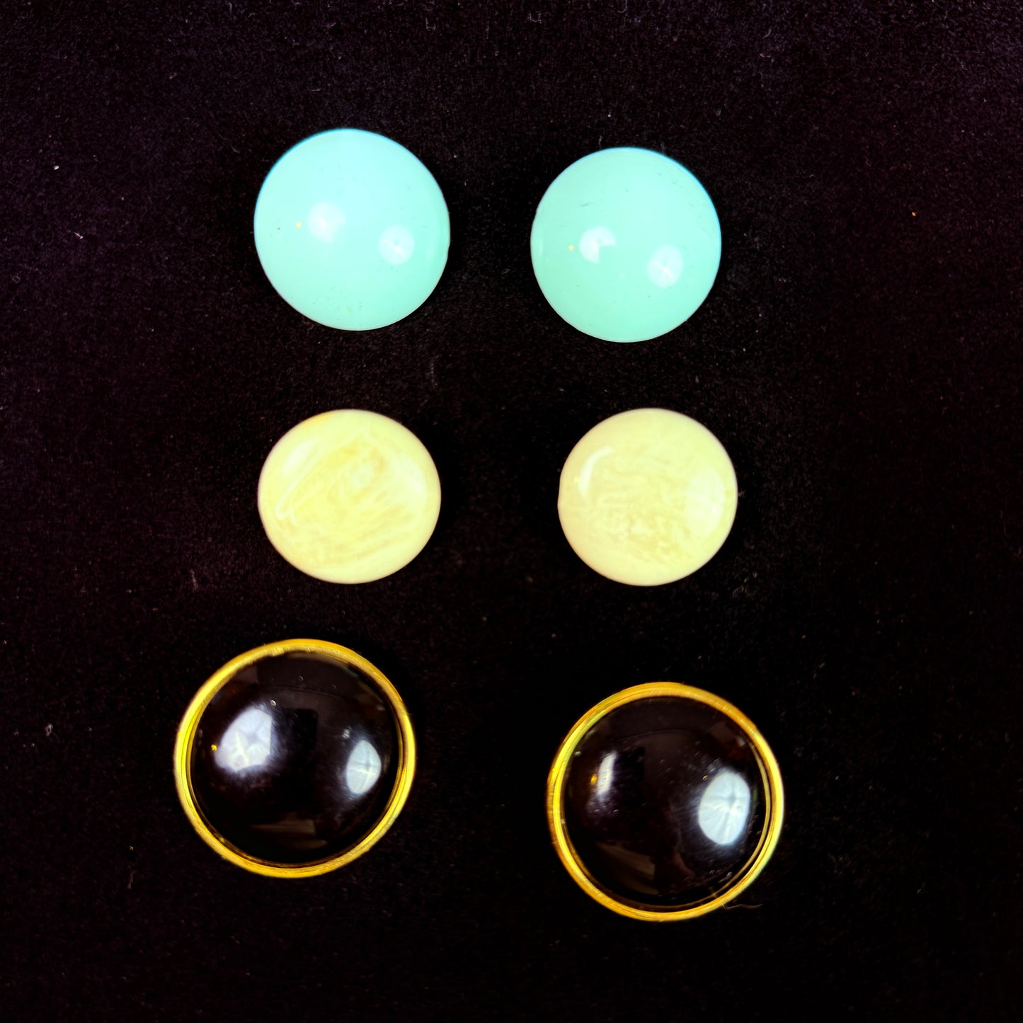 Lot of 3 Vintage 80s Circle Earrings White, Blue, Black