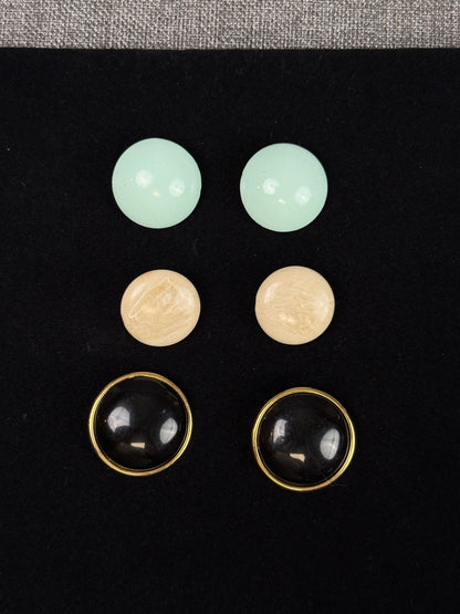 Lot of 3 Vintage 80s Circle Earrings White, Blue, Black