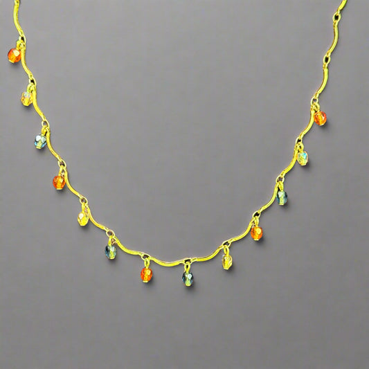 Necklace Gold Color with Colorful Teardrop accents 16"