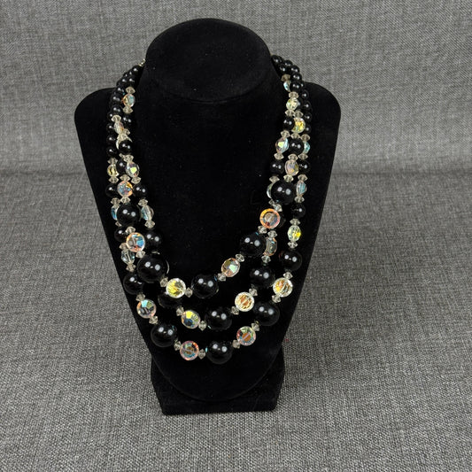 Necklace Triple Strand Black Beaded Set 16" - 18"