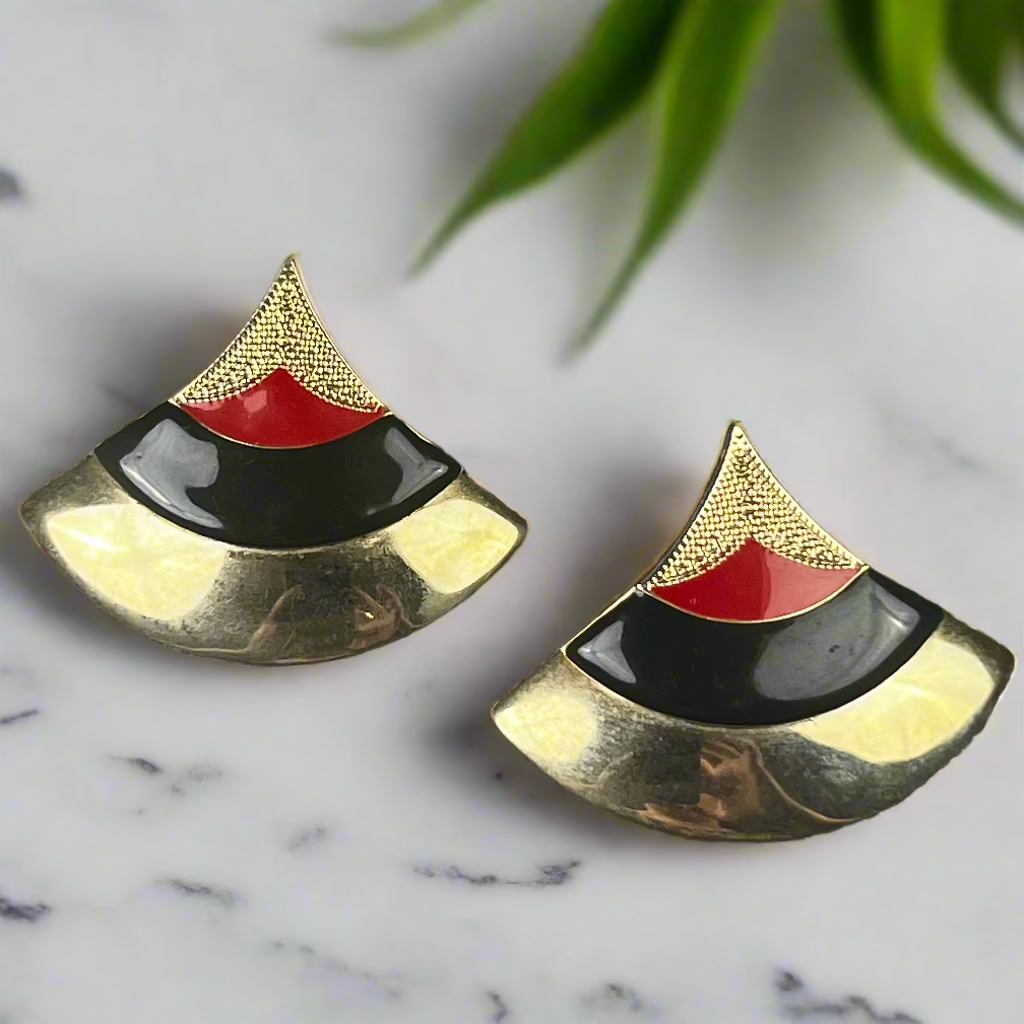 Vintage Metal 90s Earrings Red Black and Gold