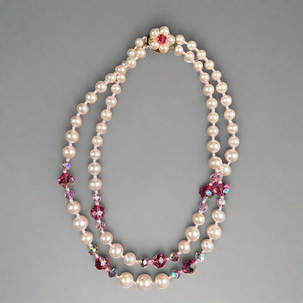 Vintage Pink Necklace Double Strand  20"